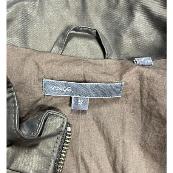 Vince Army Green Gray Waxed Cotton Leather Trim Utility Jacket Size Sm Epaulette - Picture 11 of 14